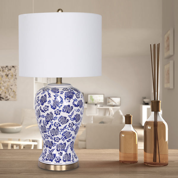 Sarantino Bedside Side Table Lamp Ceramic Floral Base Drum Shade Blue White