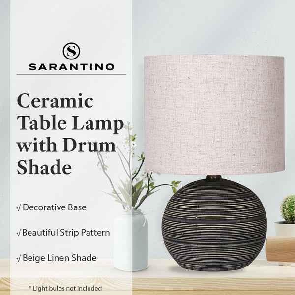 Sarantino Striped Ceramic Coffee Side Table Lamp Light Beige Drum Shade