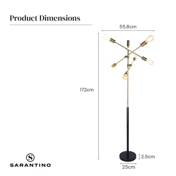 Sarantino Adjustable 6 Arm Metal Sputnik Floor Lamp Light Brass Finish