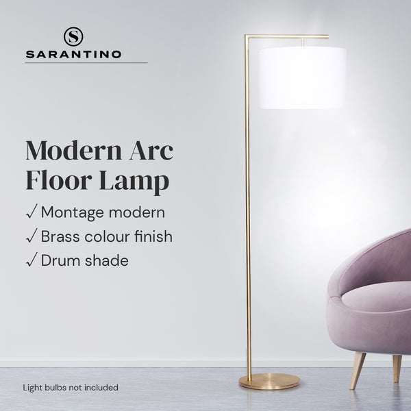 Sarantino 90 Degree Arc Floor Lamp Light Brass Finish White Drum Shade