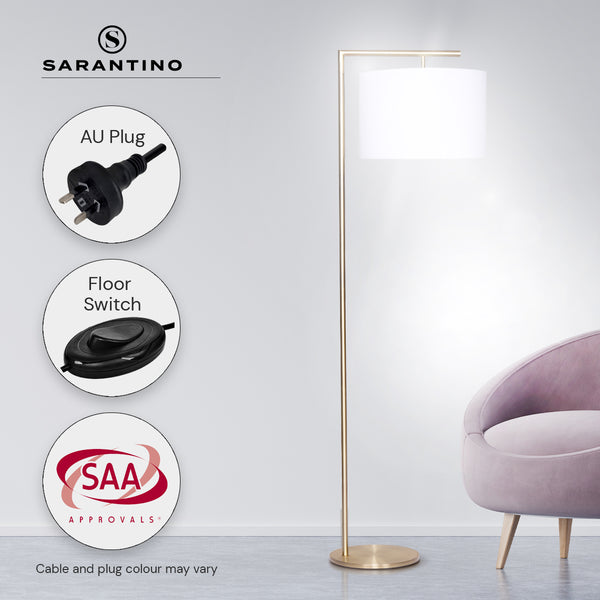 Sarantino 90 Degree Arc Floor Lamp Light Brass Finish White Drum Shade