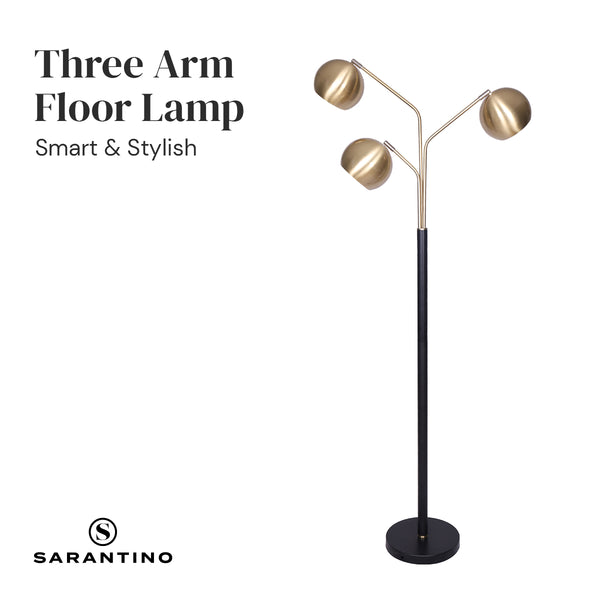 Sarantino Adjustable 3 Arm Arc Floor Lamp Light Black Base Brushed Gold Shades