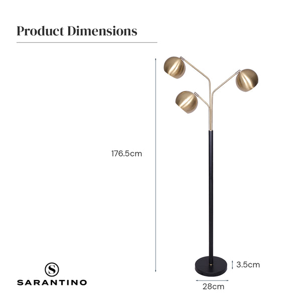 Sarantino Adjustable 3 Arm Arc Floor Lamp Light Black Base Brushed Gold Shades
