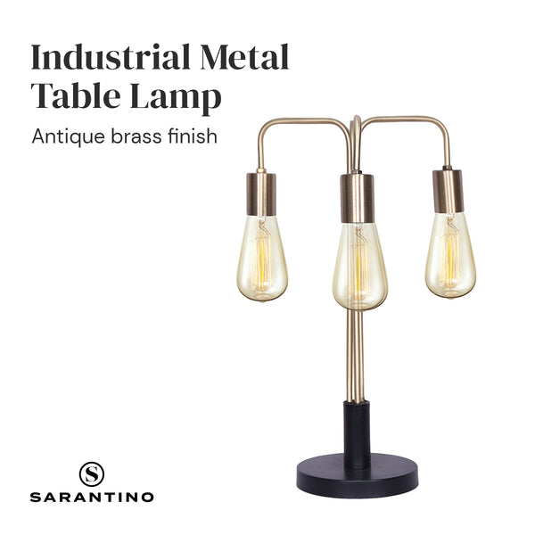 Sarantino Metal Frame 3 Exposed Bulb Industrial Table Lamp Light Black Gold