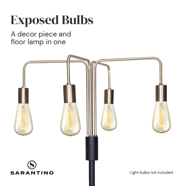 Sarantino Hanging Exposed Bulb 4 Arm Industrial Floor Lamp Light Brass Black