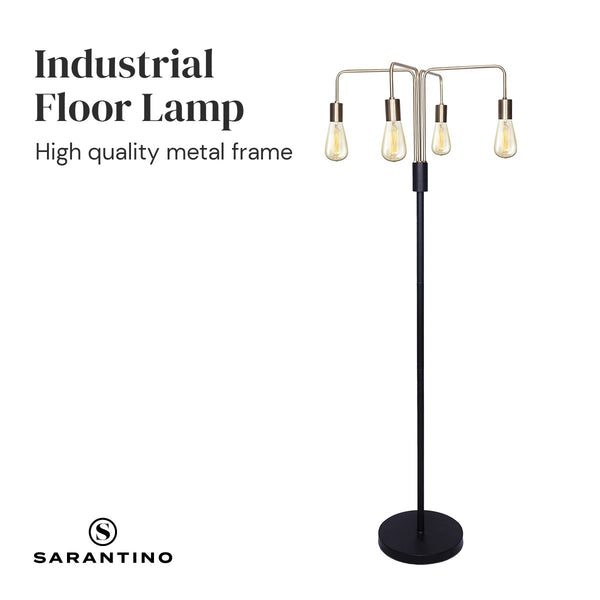 Sarantino Hanging Exposed Bulb 4 Arm Industrial Floor Lamp Light Brass Black