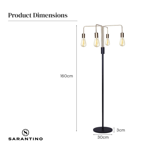 Sarantino Hanging Exposed Bulb 4 Arm Industrial Floor Lamp Light Brass Black