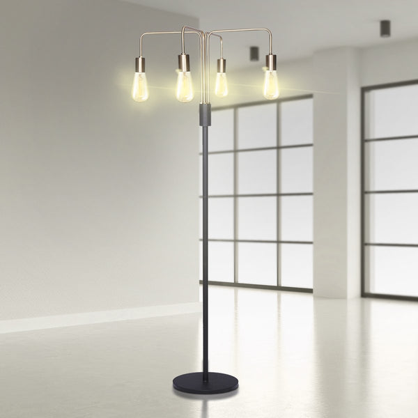 Sarantino Hanging Exposed Bulb 4 Arm Industrial Floor Lamp Light Brass Black