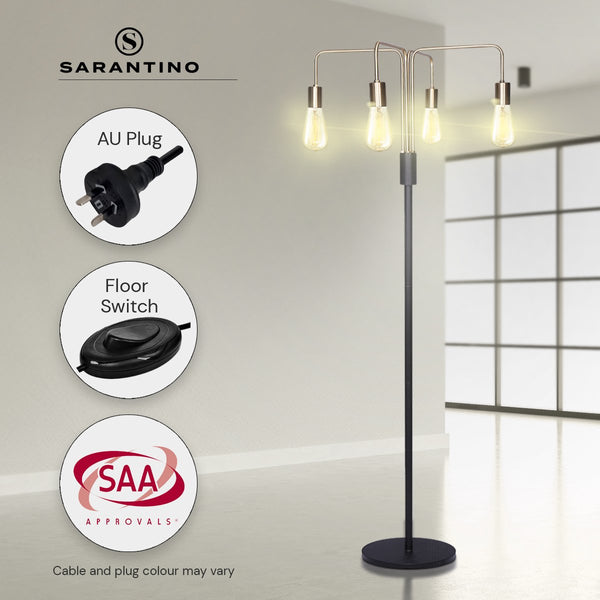 Sarantino Hanging Exposed Bulb 4 Arm Industrial Floor Lamp Light Brass Black