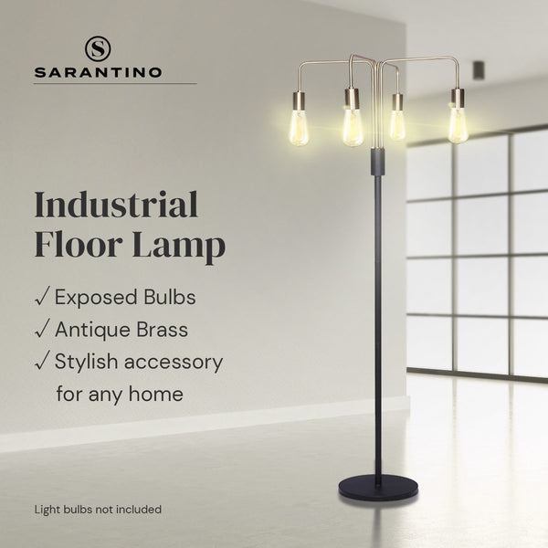 Sarantino Hanging Exposed Bulb 4 Arm Industrial Floor Lamp Light Brass Black