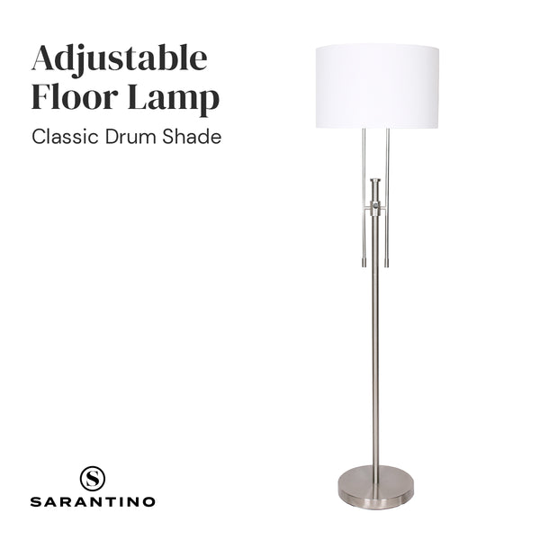 Sarantino Brushed Nickel Height Adjustable Metal Floor Lamp Light White Shade