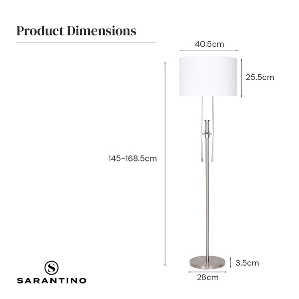 Sarantino Brushed Nickel Height Adjustable Metal Floor Lamp Light White Shade
