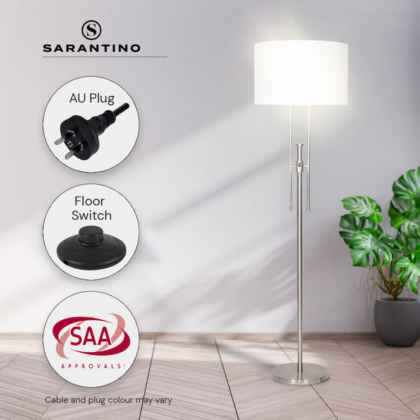 Sarantino Brushed Nickel Height Adjustable Metal Floor Lamp Light White Shade