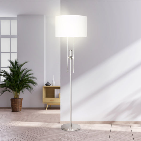 Sarantino Brushed Nickel Height Adjustable Metal Floor Lamp Light White Shade