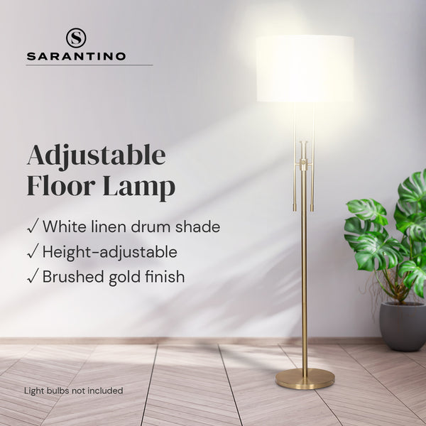 Sarantino Brushed Gold Height Adjustable Metal Floor Lamp Light White Shade