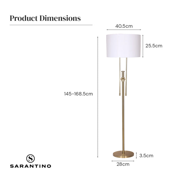Sarantino Brushed Gold Height Adjustable Metal Floor Lamp Light White Shade