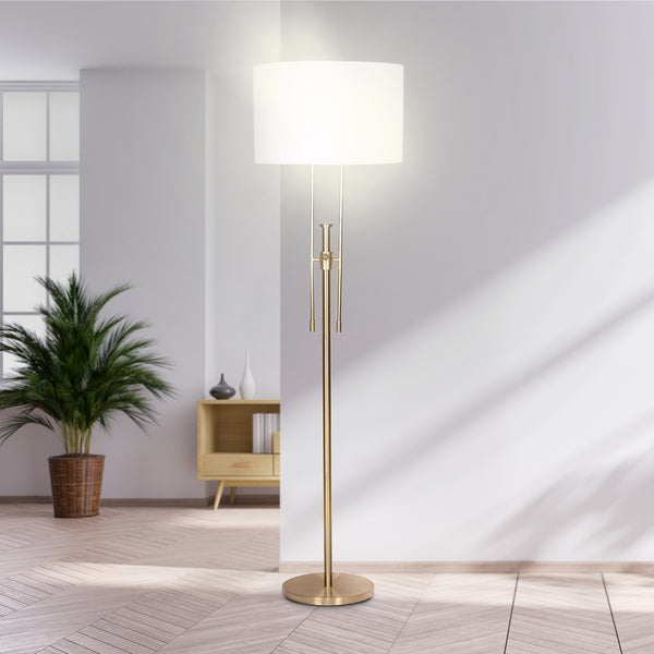 Sarantino Brushed Gold Height Adjustable Metal Floor Lamp Light White Shade