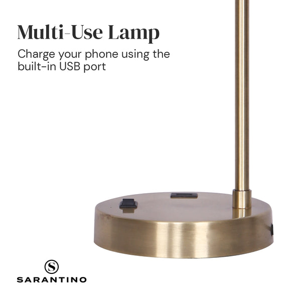 Sarantino Metal Task Lamp Light USB Charging Port Antique Brass Finish