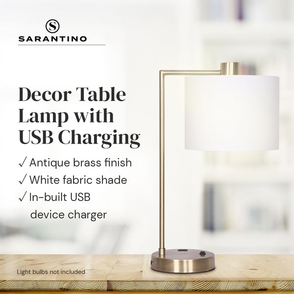 Sarantino Metal Task Lamp Light USB Charging Port Antique Brass Finish