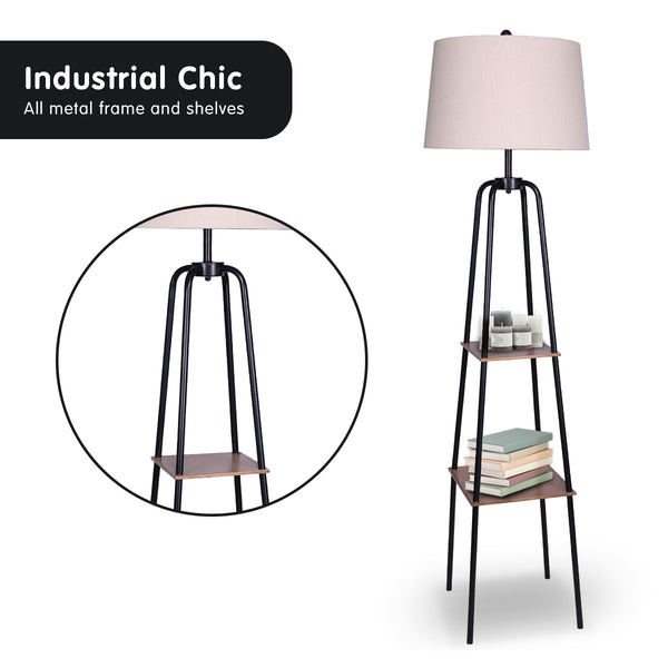 Sarantino Metal Floor Lamp Light Shade Metal Shelf Wood Finish Cream Black