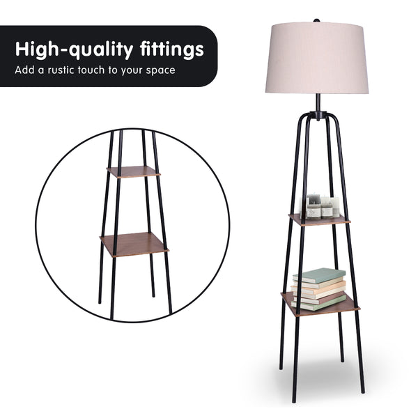 Sarantino Metal Floor Lamp Light Shade Metal Shelf Wood Finish Cream Black