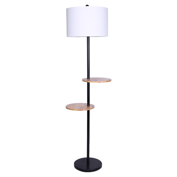 Sarantino Black Metal Post Floor Lamp Light 2 Wood Shelves White Drum Shade