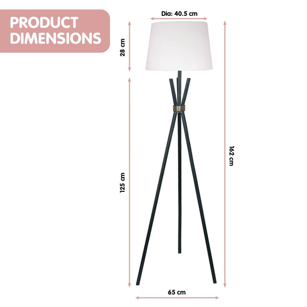 Sarantino Tripod Floor Lamp Light Black Metal Legs Brass Accent Off White Shade