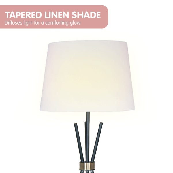 Sarantino Tripod Floor Lamp Light Black Metal Legs Brass Accent Off White Shade
