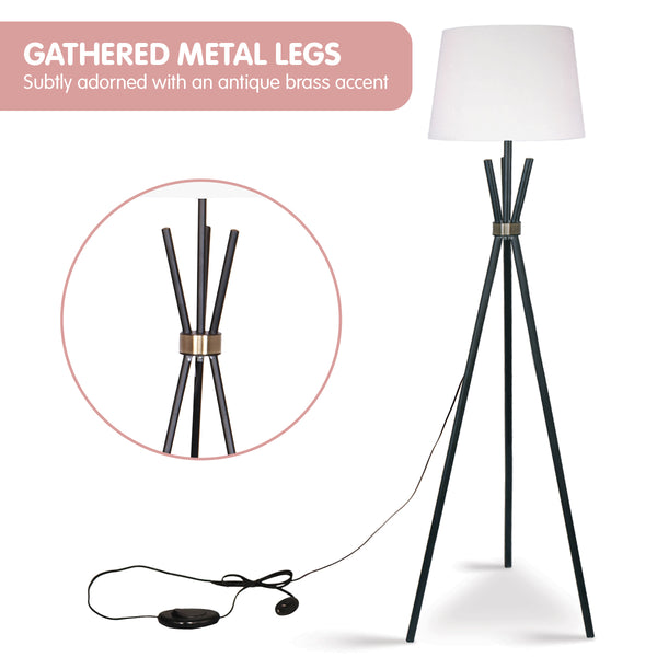 Sarantino Tripod Floor Lamp Light Black Metal Legs Brass Accent Off White Shade