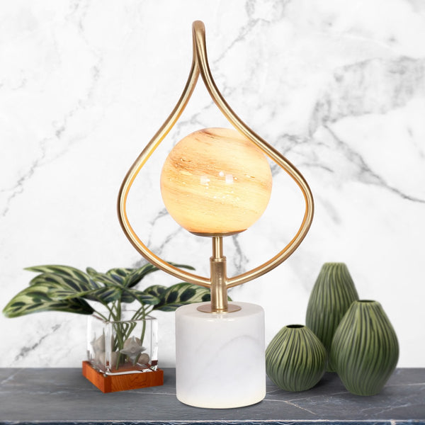 Sarantino Sculptural Orange Glass Coffee Side Table Lamp Light White Marble Base