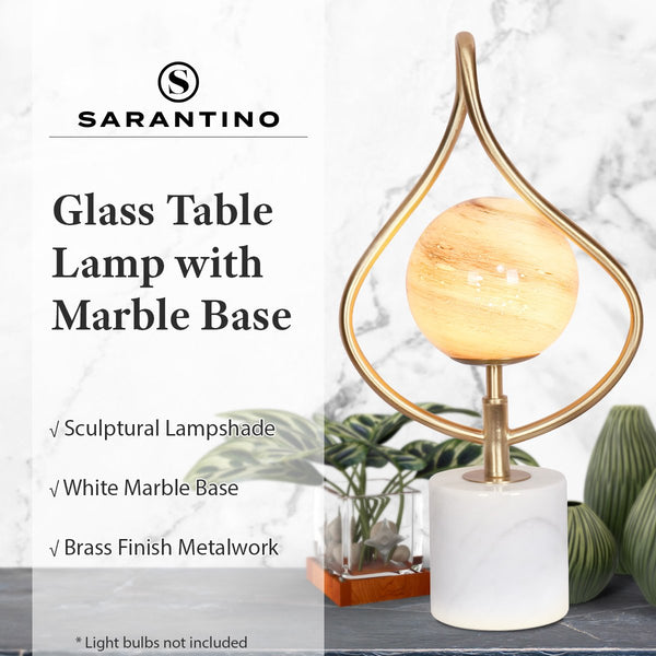 Sarantino Sculptural Orange Glass Coffee Side Table Lamp Light White Marble Base