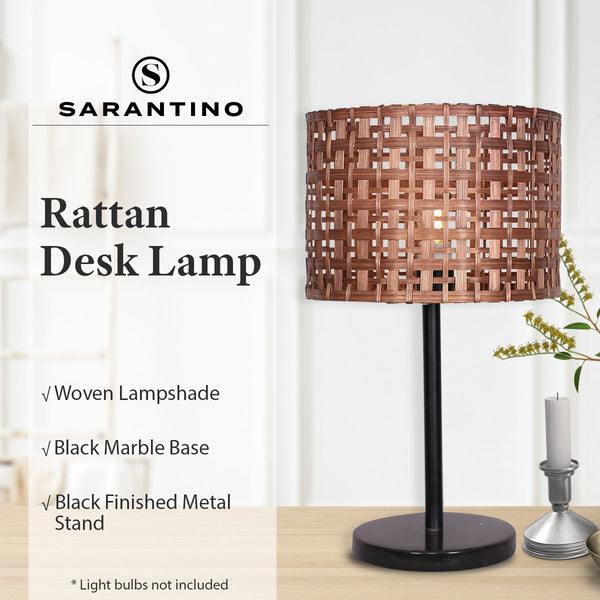Sarantino Rattan Coffee Side End Table Lamp Light Black Marble Base