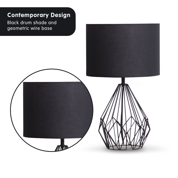 Sarantino Metal Wire Table Side Lamp Black Finish Black Drum Shade