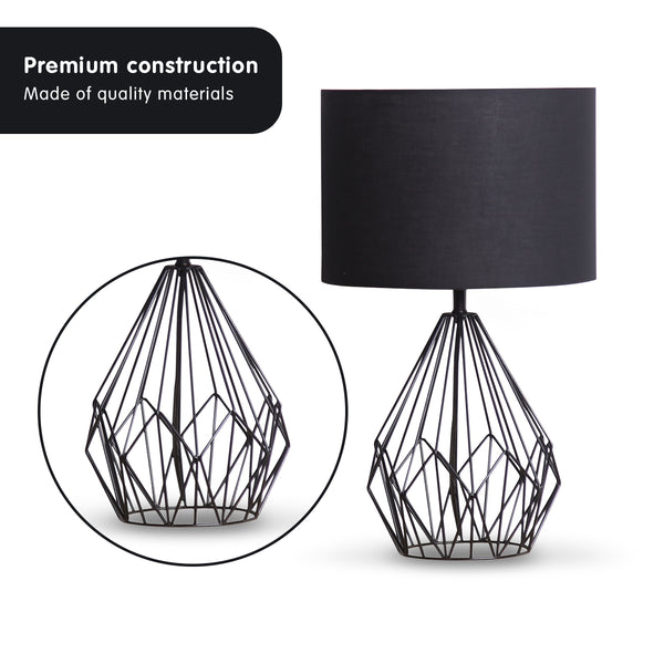 Sarantino Metal Wire Table Side Lamp Black Finish Black Drum Shade