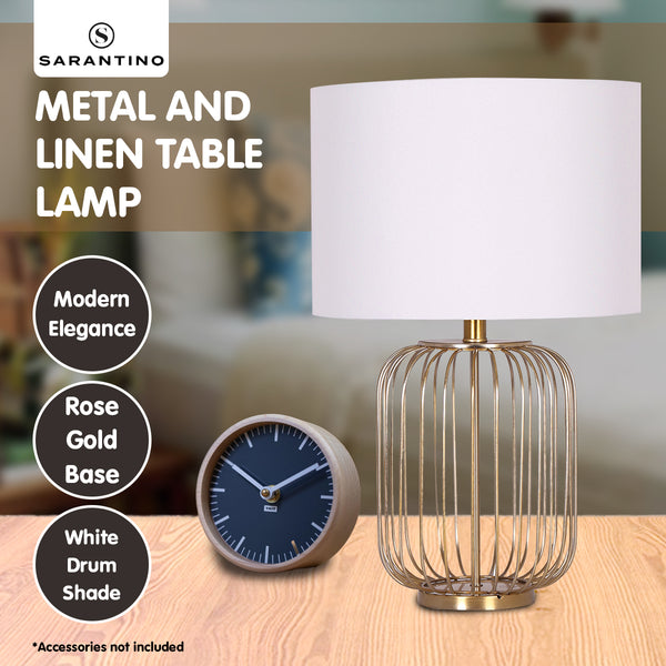 Sarantino Rose Gold Bedside Side Table Lamp Linen Drum Shade