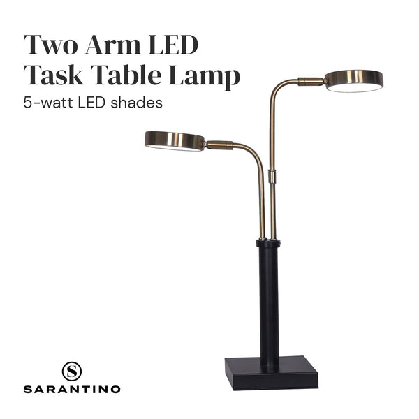 Sarantino LED Metal Table Desk Lamp Adjustable 2 Lights Brushed Gold Black