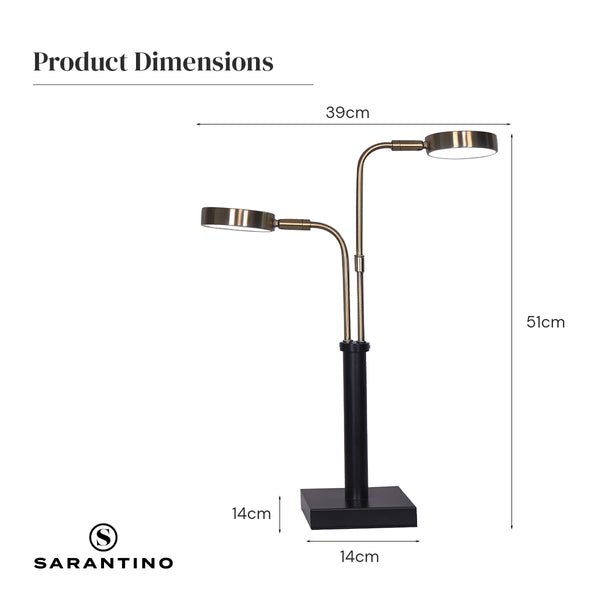 Sarantino LED Metal Table Desk Lamp Adjustable 2 Lights Brushed Gold Black