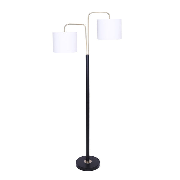 Sarantino Floor Lamp Light Black Brass Finish White Linen Drum Twin Shades