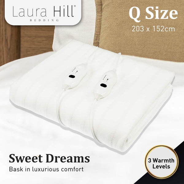 Laura Hill Electric Blanket Dual Control 3 Levels Timer Washable 40cm Queen