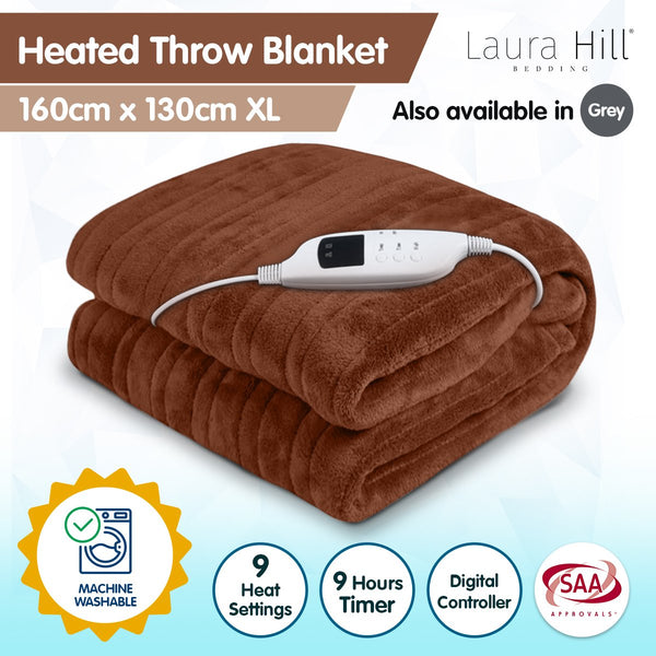 Laura Hill Heated Electric Throw Blanket Coral Fleece 9 Settings Brown 160 x 130cm