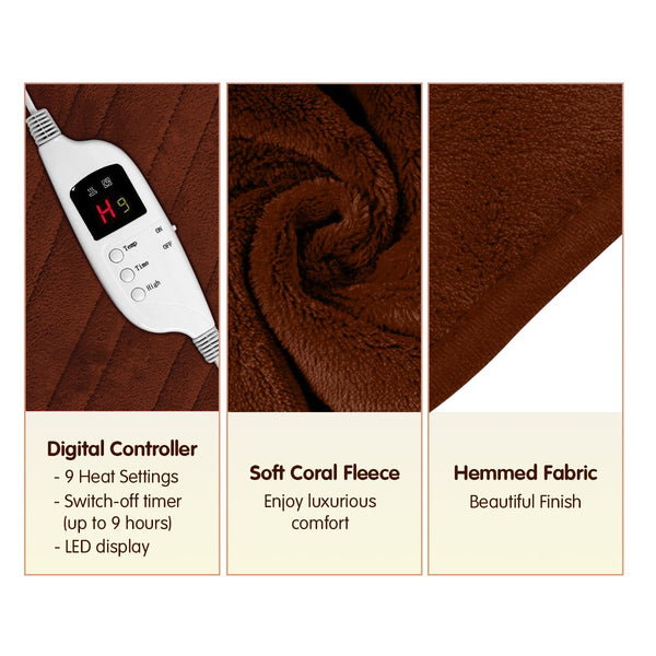 Laura Hill Heated Electric Throw Blanket Coral Fleece 9 Settings Brown 160 x 130cm