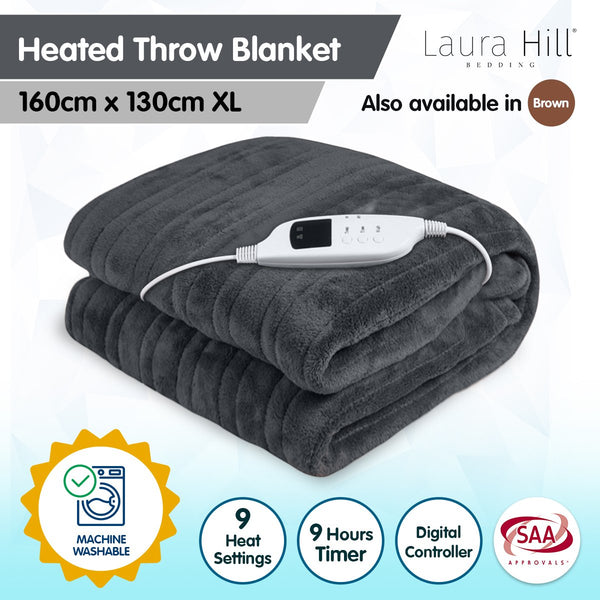 Laura Hill Heated Electric Throw Blanket Coral Fleece 9 Settings Grey 160 x 130cm