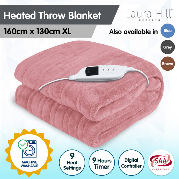 Laura Hill Heated Electric Throw Blanket Coral Fleece 9 Settings Pink 160 x 130cm