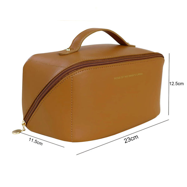 Large Travel Cosmetic Make up Makeup Bag Waterproof PU Leather Brown