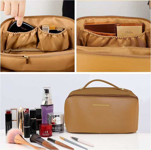 Large Travel Cosmetic Make up Makeup Bag Waterproof PU Leather Brown
