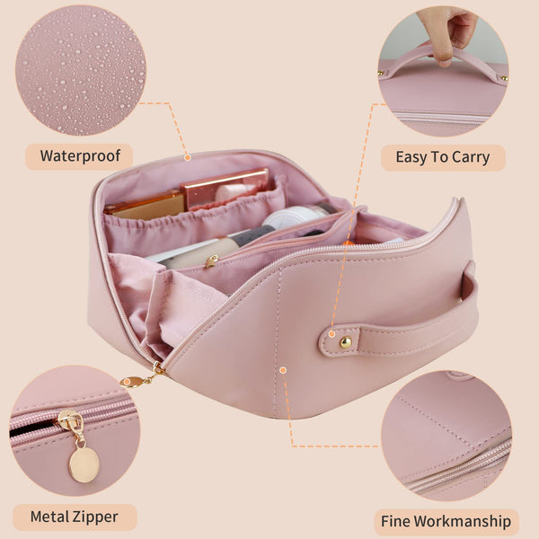 Large Travel Cosmetic Make up Makeup Bag Waterproof PU Leather Pink