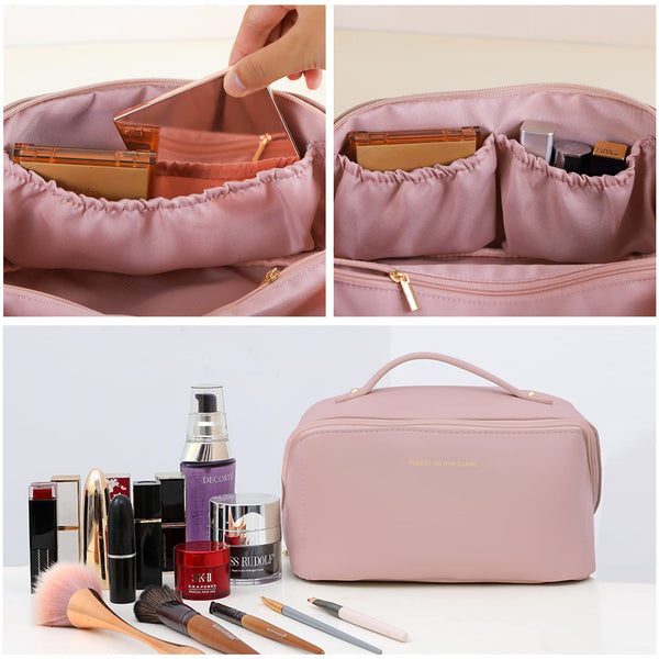 Large Travel Cosmetic Make up Makeup Bag Waterproof PU Leather Pink