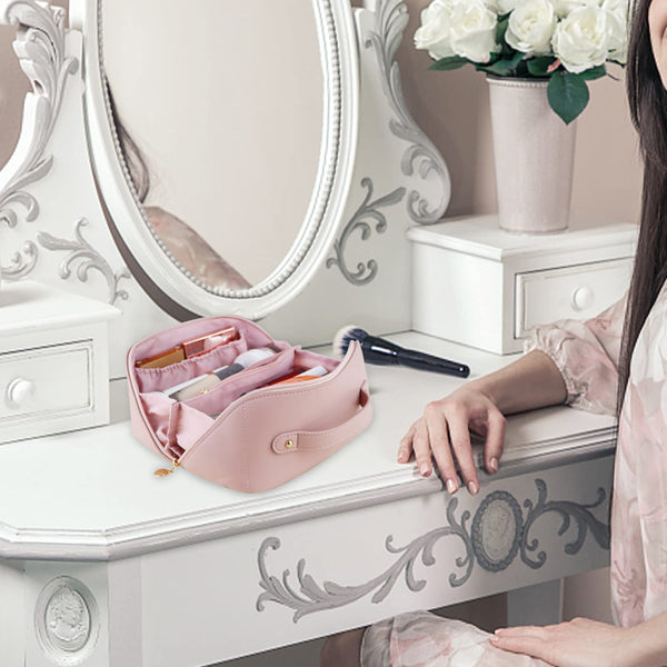 Large Travel Cosmetic Make up Makeup Bag Waterproof PU Leather Pink