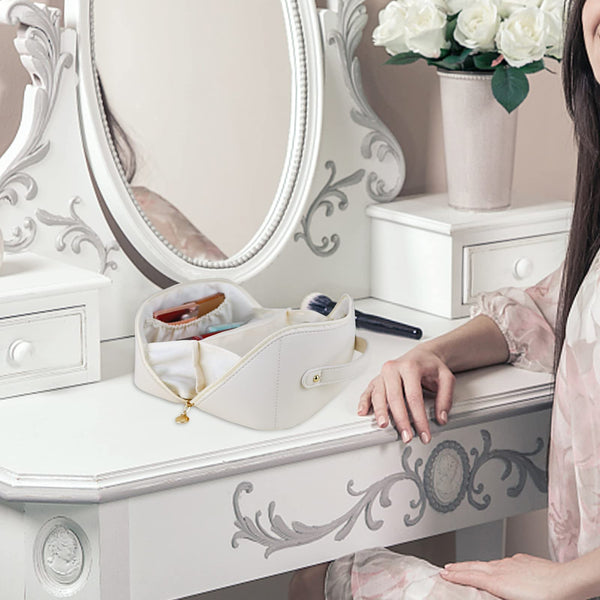 Large Travel Cosmetic Make up Makeup Bag Waterproof PU Leather White