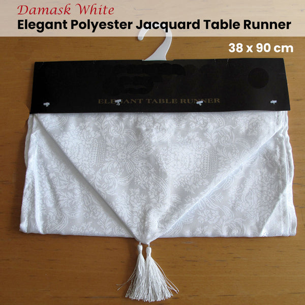Damask Jacquard Table Runner White 38 x 90cm